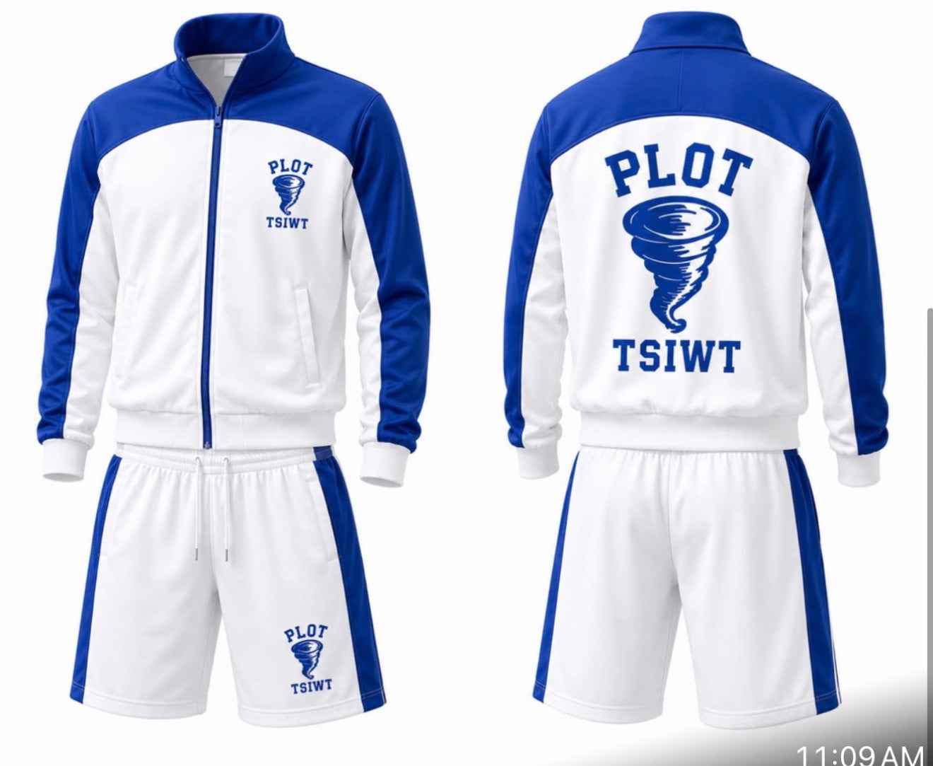 PLOT TSIWT Blue and White Track Suit Set front and back view